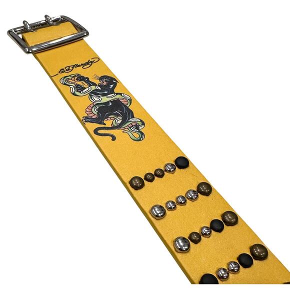 Ed Hardy Men's Double Prong Panther Snake Print Yellow Belt With Rivet Studs - Picture 4 of 6